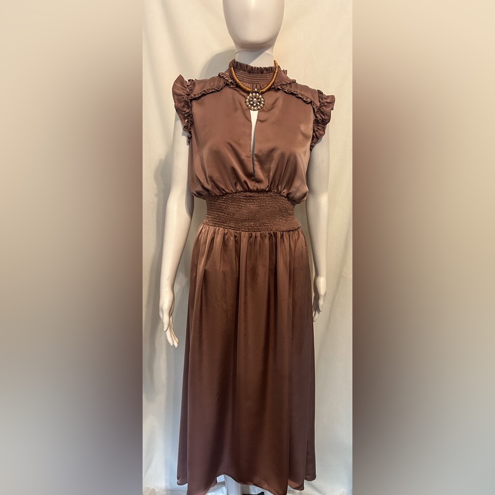NWT Elliatt L Raine Satin Rose Ruffle Smocked Midi Dress Elegant Romantic Boho